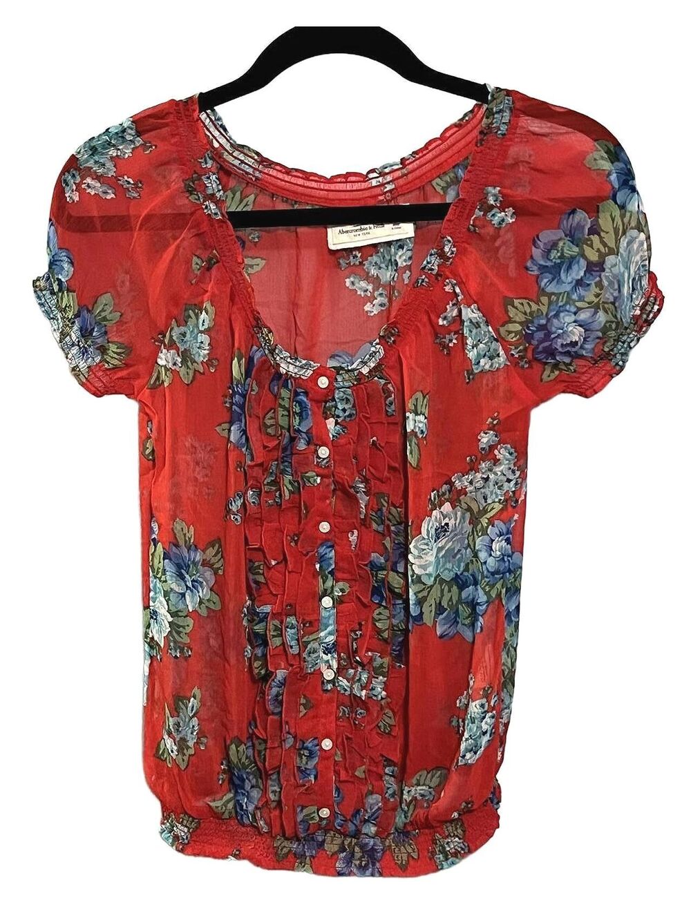 Vintage Abercrombie Sheer Floral Ruffle Top Red Y2K Coquette Cottagecore Small